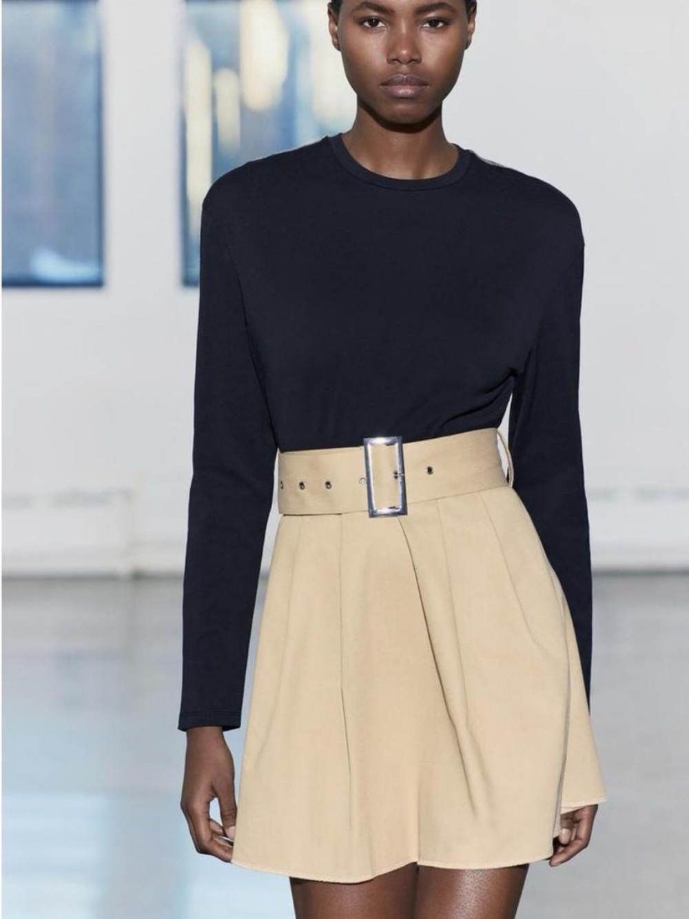 Zara Beige High-Waist A-Line Pleated Skirt with Wide Belt - Picture 2 of 4
